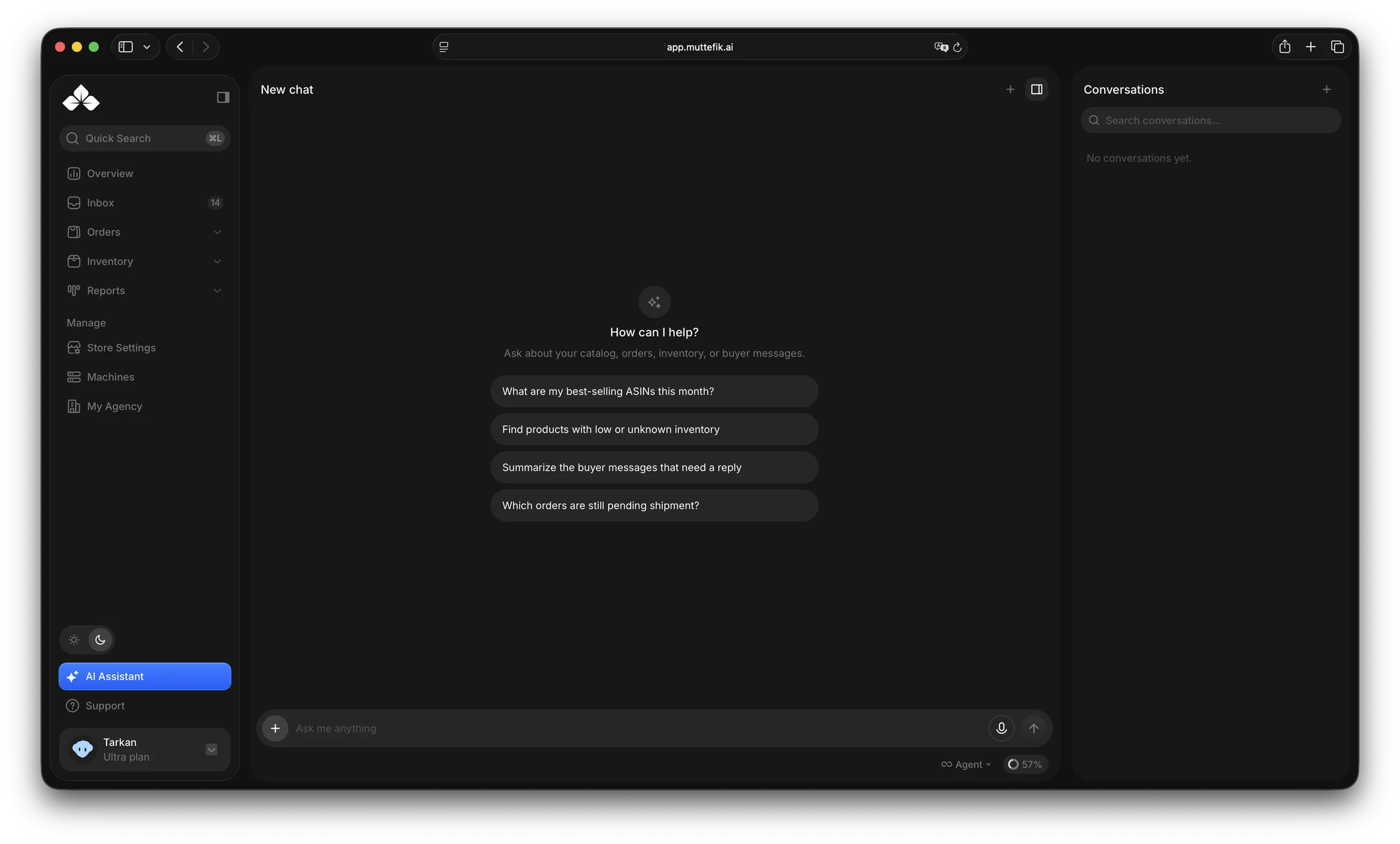 The Müttefik panel's AI chat, with suggested questions about best-selling ASINs, low inventory, buyer messages awaiting a reply, and orders pending shipment.